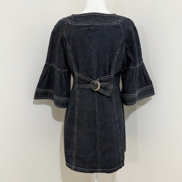 Live a Little Denim Jacket Tunic Dress Belted Back 3/4 Bell Sleeves Size L - Picture 3 of 5